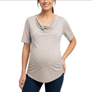 Motherhood Maternity Draped Neck Short Sleeve Maternity Top - Heathered Taupe